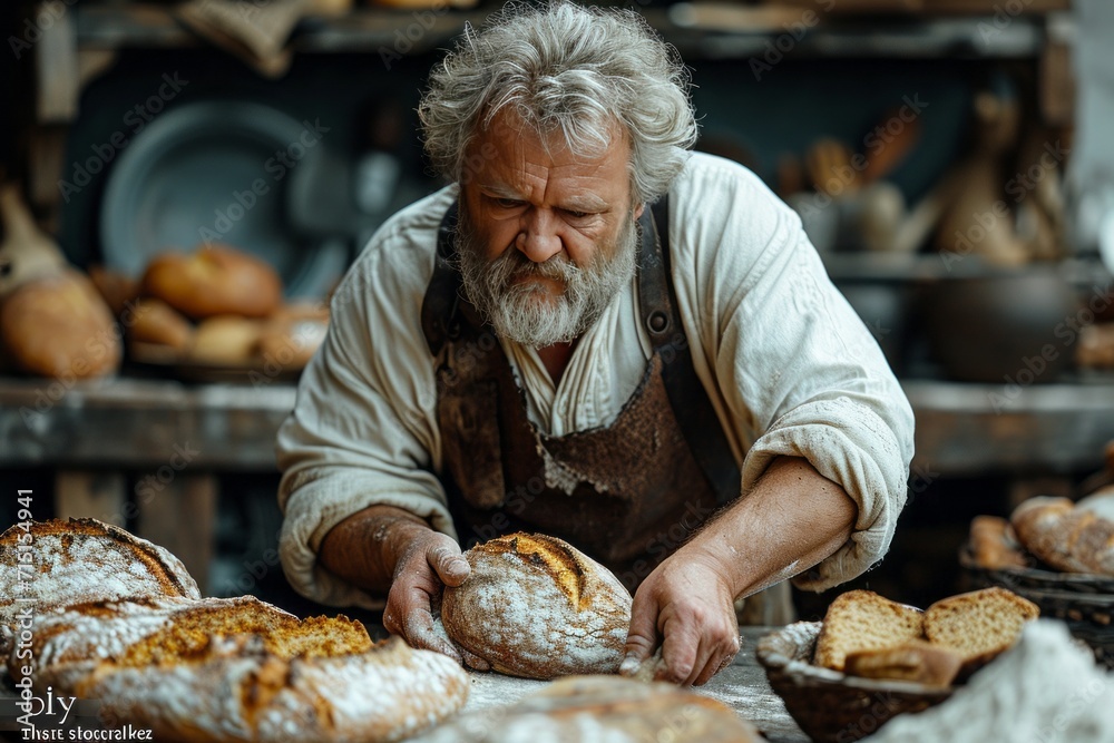 man kneading bread on a wooden table
