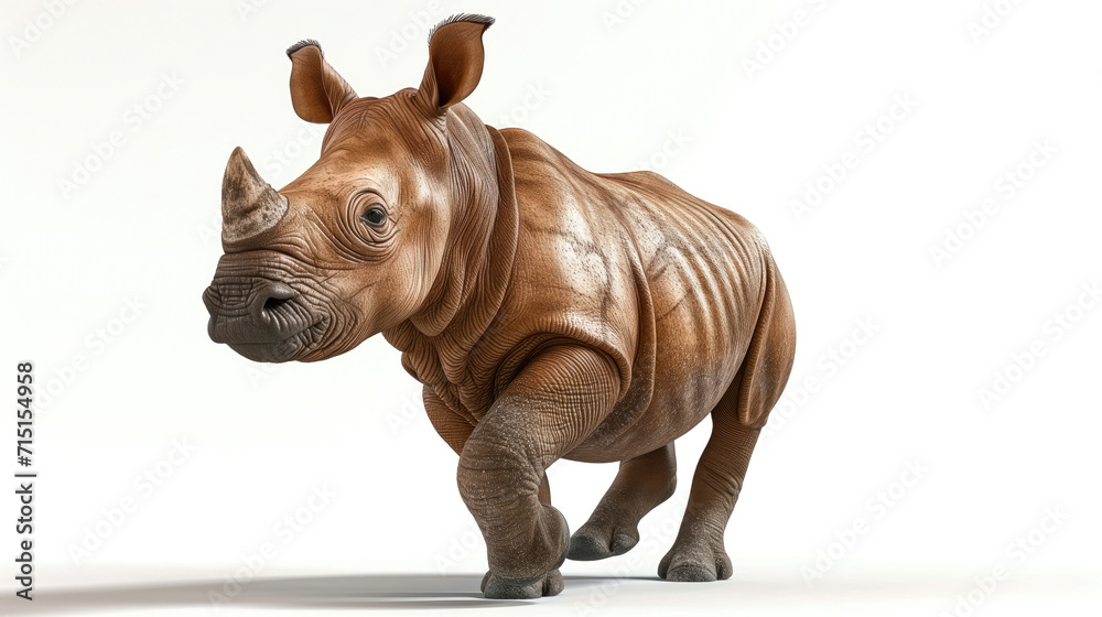 Artistically carved wooden rhinoceros on a white background.