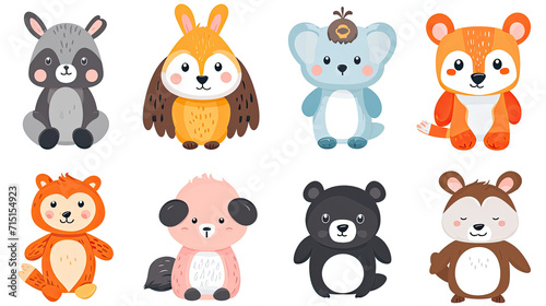 A set of cute, colorful cartoon forest animals on a plain background.