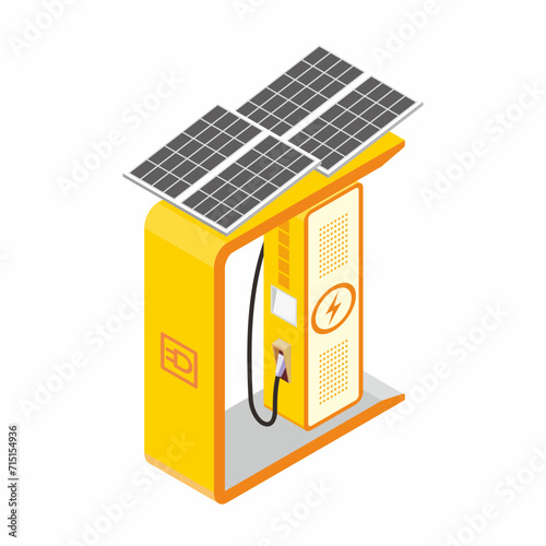 Single electric vehicle fast charging box facility with solar panel module for electrical energy resources. Isometric vector illustration