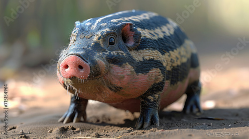 A pig with camouflage patterns standing in the wild