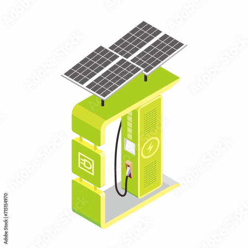 Green color of single electric vehicle charging station facility with solar panel module on the roof for public facility. Isometric view and 3d vector illustration.