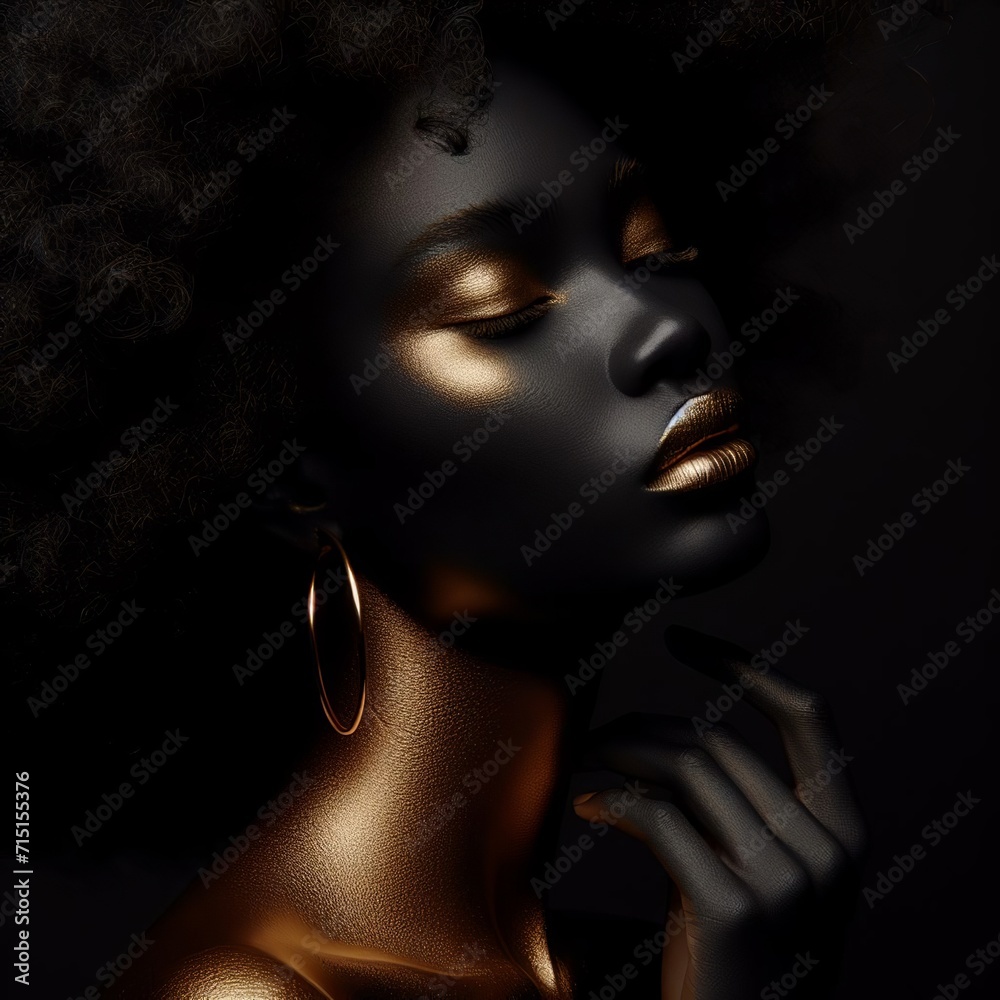 Fashion portrait of a beautiful african american woman with golden skin and dark hair. 