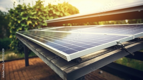 Closeup of solar panels mounted on top of a carport structure. photo