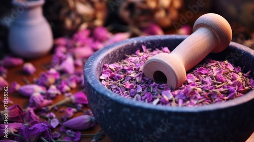 Closeup of a mortar and pestle crushing dried rose petals and lavender buds for a DIY facial toner.