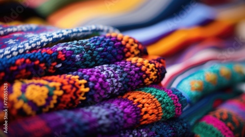 Closeup of vibrant handwoven textiles used to create a Peruvian traditional poncho. © Justlight