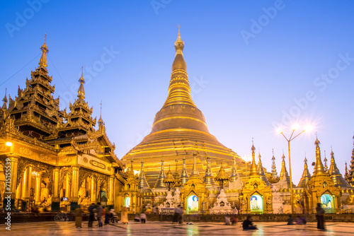 Golden Shwedagon pagoda at sunrise, Yangon, Myanmar photo