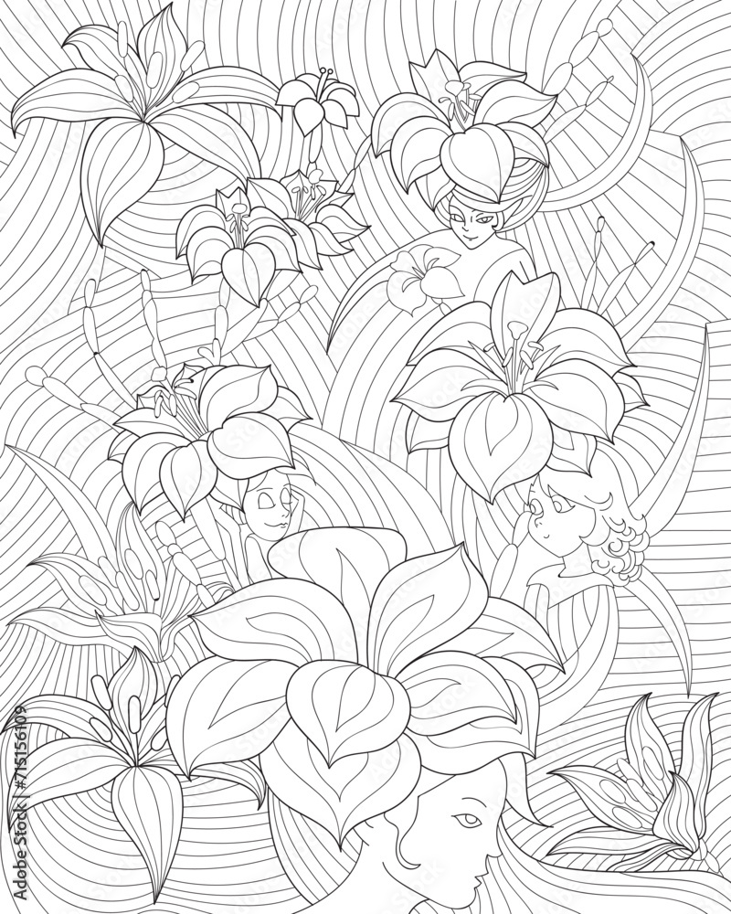 Fairies and flowers coloring page of a child Fairies and flowers coloring page of a child