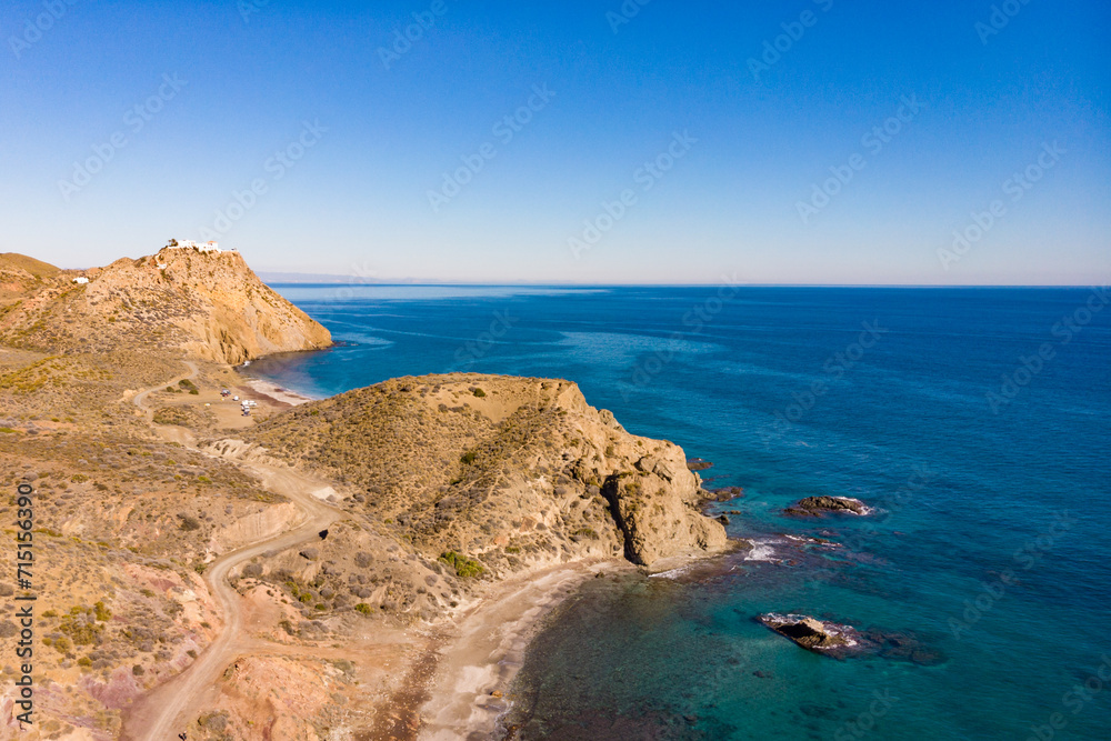 Aerial view. Sea coast, Sombrerico Beach in Almeria Spain.