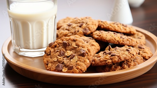 Homemade chocolate chip cookies on a tray with milk  ideal for a cozy day at home