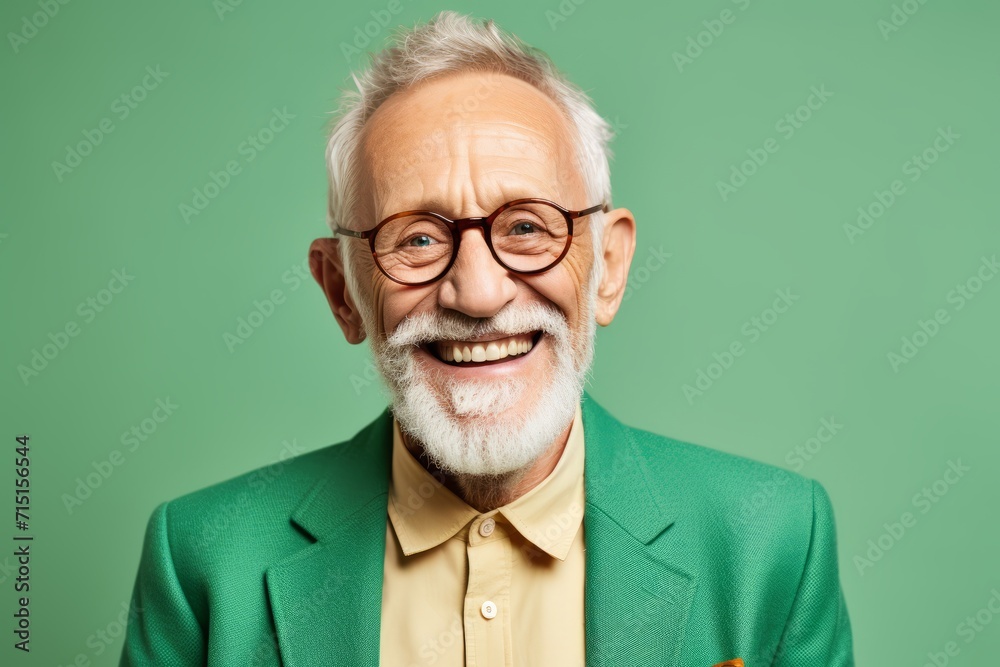 Cheerful senior man in glasses and a green jacket. Studio shot.