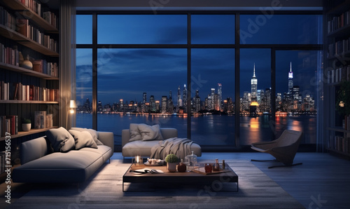 Interior Design modern Living room, windows show stunning view of the city skyline, Empty room apartment a living room with a large tv and a large window.