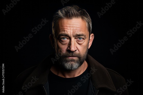 Portrait of a handsome middle-aged man with a beard on a black background.