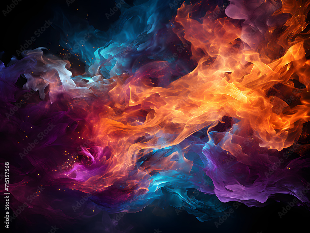 Fototapeta premium Colorful Burning Fire Flames on Black Background. Multicolored Smoke Blooms