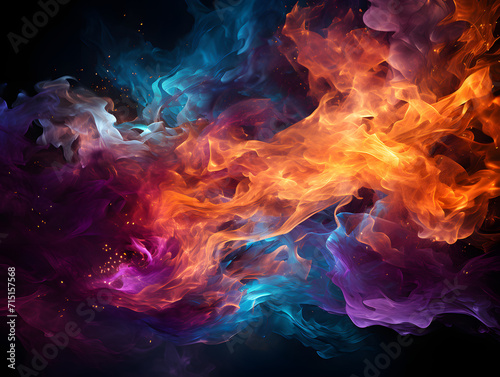 Colorful Burning Fire Flames on Black Background. Multicolored Smoke Blooms