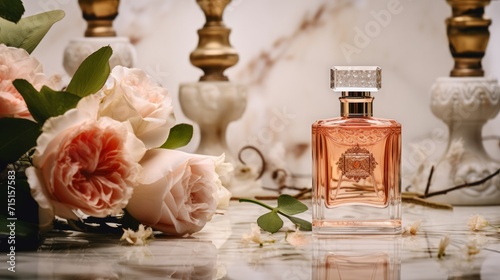 Elegant perfume bottle and roses. Neural network AI generated art photo