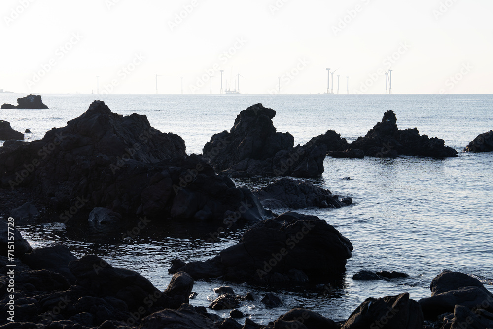 seaside rocks with the wind turbine on the sea horizon