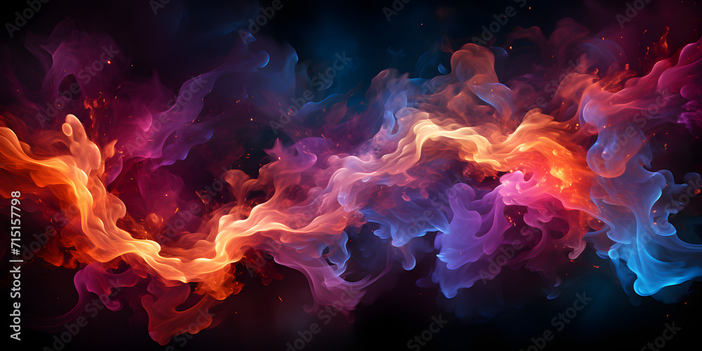 Colorful Burning Fire Flames on Black Background. Multicolored Smoke Blooms - obrazy, fototapety, plakaty 