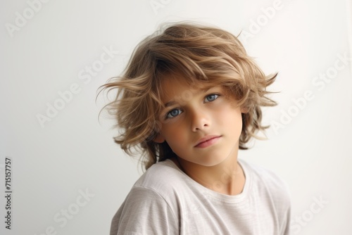 Portrait of a cute little boy with blond hair, studio shot