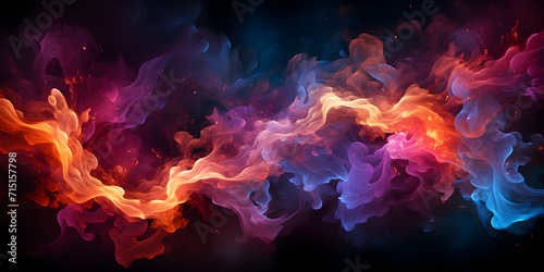 Colorful Burning Fire Flames on Black Background. Multicolored Smoke Blooms #715157798