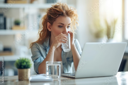 Beautiful young woman drinking water and using laptop while sitting at table in office