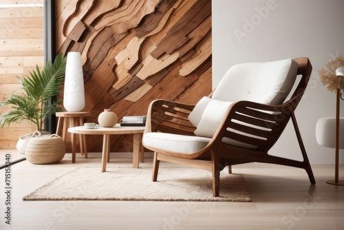 Interior home design of modern living room with rustic wooden table and armchairs with wooden abstract wooden wall