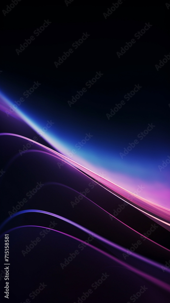 Fading bright curved lines, dark background with small bright spots,stage background,light thistle,high horizontal line angle of view, Generate AI.