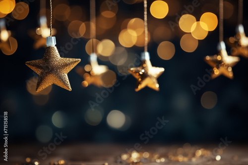 Golden stars light hanging on dark background photo