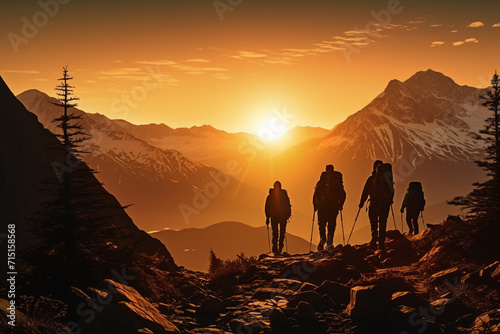 Group of hikers in the mountains at sunset. 3d render. © StockHaven