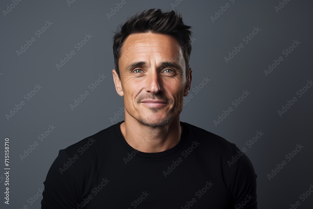 Portrait of a handsome man in black t-shirt on grey background