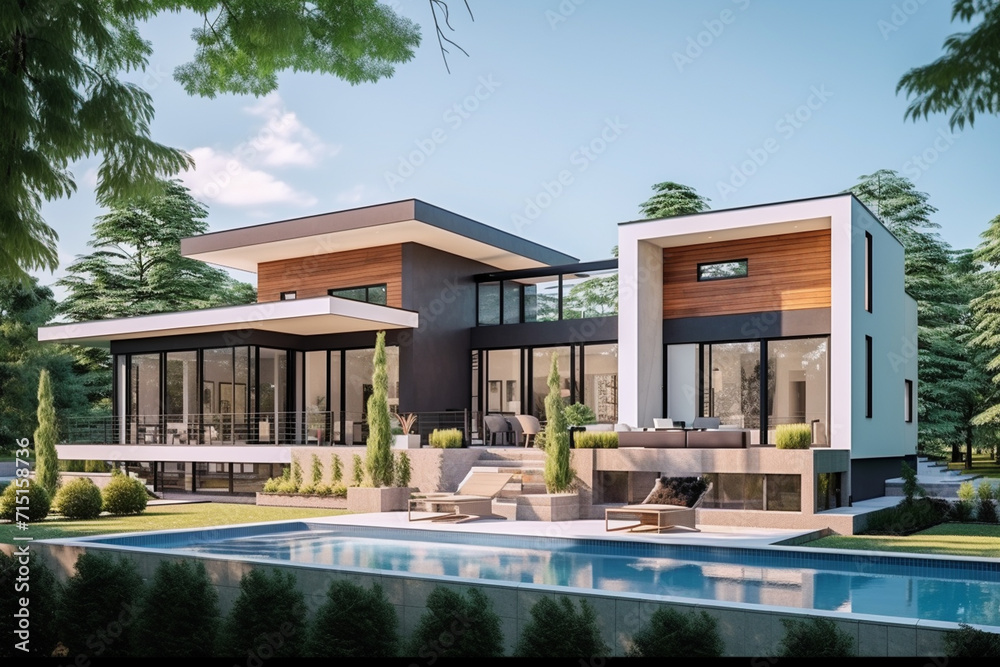 3d rendering of modern cozy house with pool and parking for sale or rent in luxurious style and beautiful landscaping on background