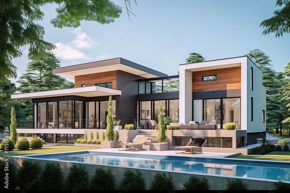 custom made wallpaper toronto digital3d rendering of modern cozy house with pool and parking for sale or rent in luxurious style and beautiful landscaping on background