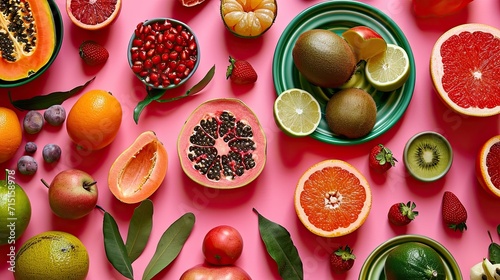 A variety of fruits are arranged on a pink surface photo