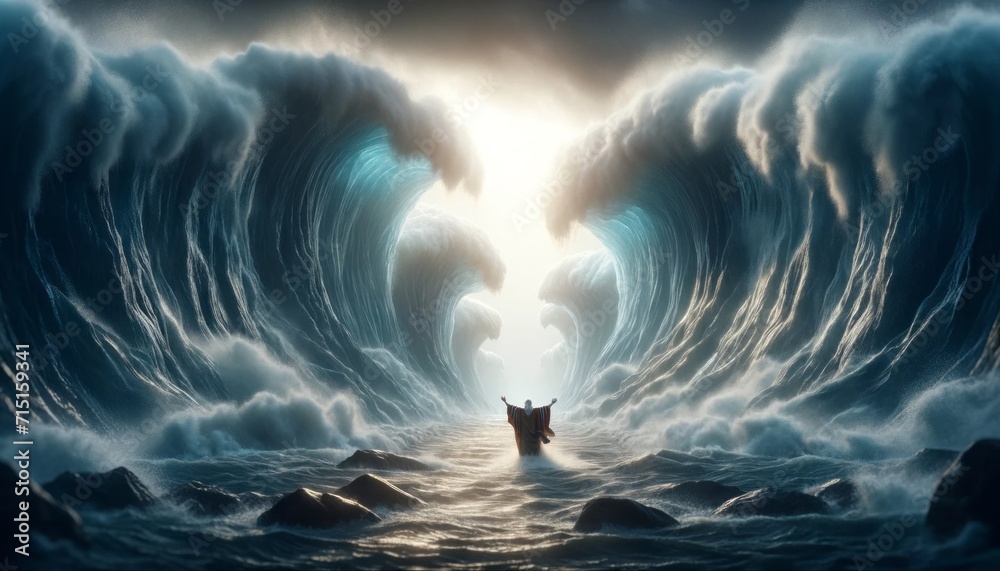 Moses parting the Red Sea, with big waves of water on either side and a path through the middle, emphasizing the miraculous event - obrazy, fototapety, plakaty 