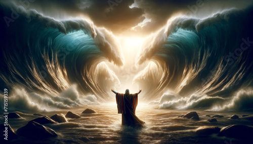 Moses parting the Red Sea, with big waves of water on either side and a path through the middle, emphasizing the miraculous event