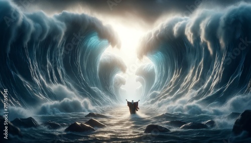 Moses parting the Red Sea, with big waves of water on either side and a path through the middle, emphasizing the miraculous event photo
