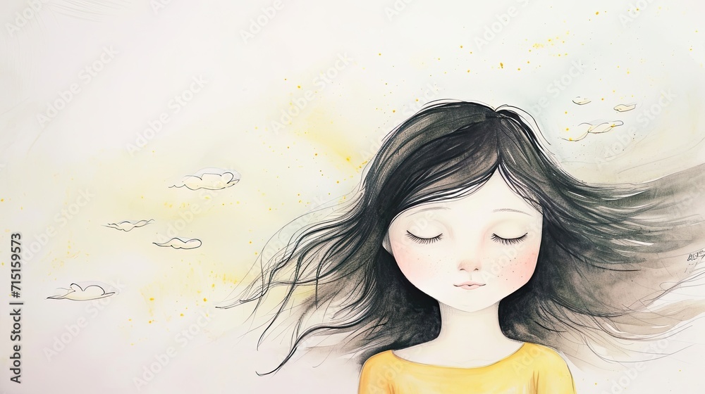 A painting of a girl with her eyes closed A painting of a girl with her eyes closed
