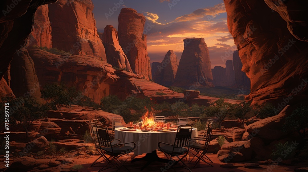 A canyon dinner scene with warm hues and dramatic rock formations. - obrazy, fototapety, plakaty 