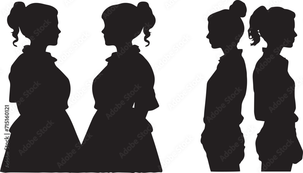 Double Girl standing black and white silhouette vector illustration. Couple standing girl vector for graphic designh
