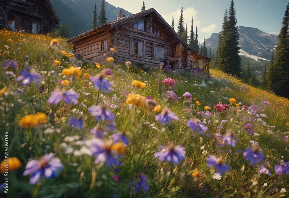 Peaceful Landscapes of a Cottage in a Field of Flowers With Mountains in the Background