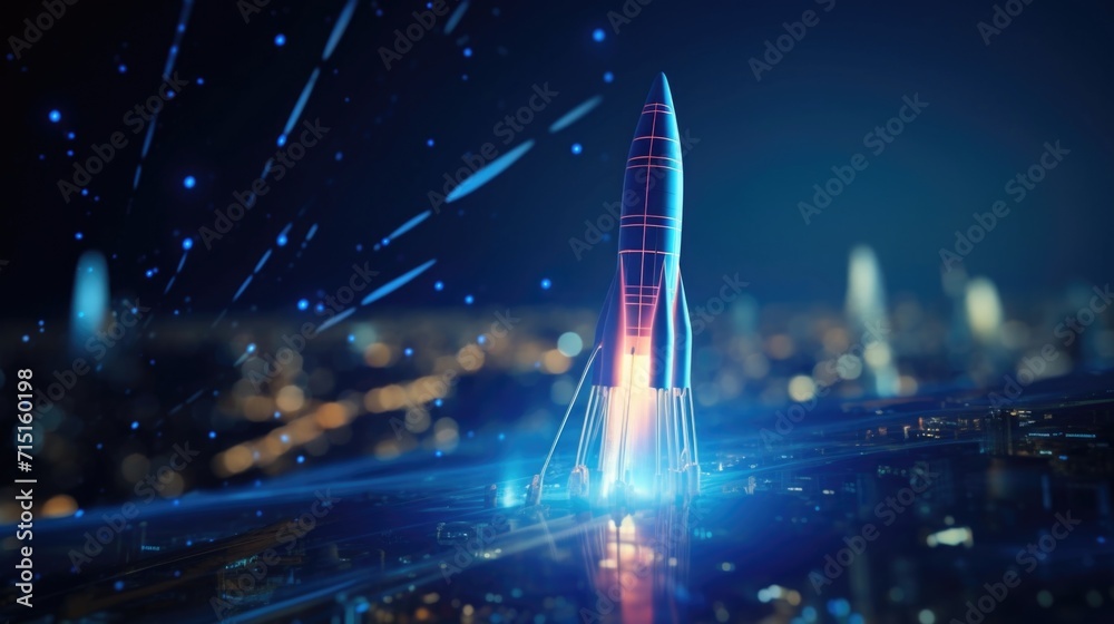 Obraz premium The potential of a digital startup is captured by a businessman holding a tablet displaying a holographic rocket, representing the rapid growth and success of technologydriven businesses.