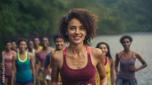 A slim multiracial woman jogging with friends, by the lake or river, ficitonal location, curly shoulder length hair, joyful and having fun, sport and fitness