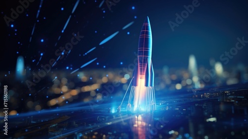 The potential of a digital startup is captured by a businessman holding a tablet displaying a holographic rocket, representing the rapid growth and success of technologydriven businesses. photo