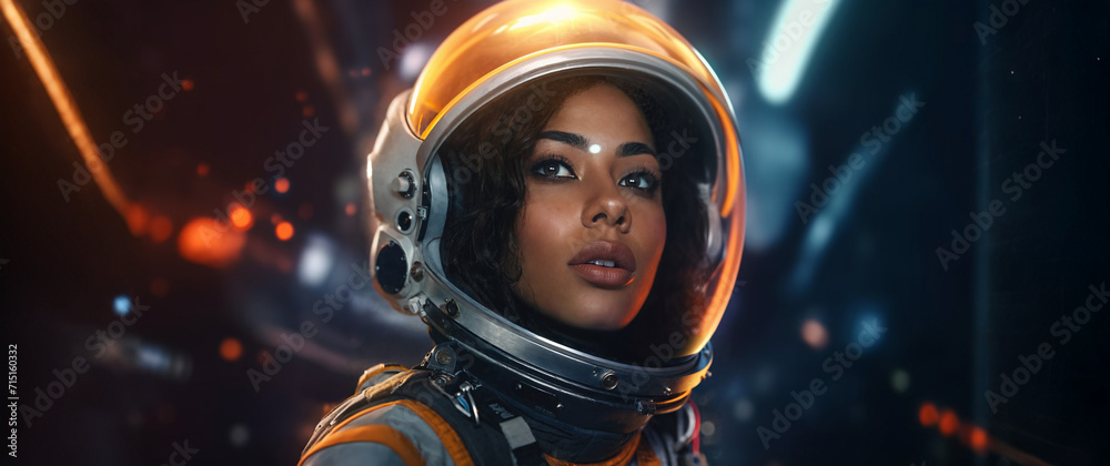 Young adult woman, multi ethnic, 20s 30s, female astronaut wearing astronaut suit with helmet and glass visor, abstract fictional futuristic, space and space travel, positive discovery or happy Young adult woman, multi ethnic, 20s 30s, female astronaut wearing astronaut suit with helmet and glass visor, abstract fictional futuristic, space and space travel, positive discovery or happy