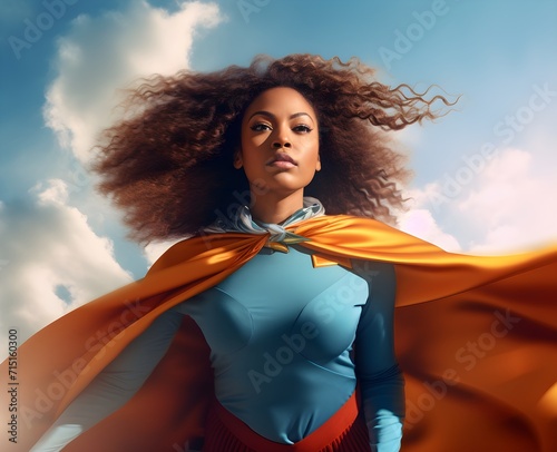 Young powerful woman in a hero cape flying through air in superhero pose, confident and happy, international women power concept, blue sky, city air view 
