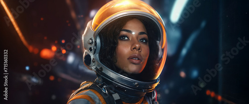 Young adult woman, multi ethnic, 20s 30s, female astronaut wearing astronaut suit with helmet and glass visor, abstract fictional futuristic, space and space travel, positive discovery or happy