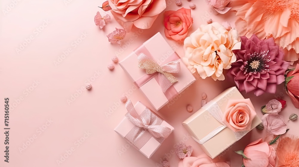 Top View of Valentine day banner design of a collection of Gift box and pink flowers on pink pastel background Top View of Valentine day banner design of a collection of Gift box and pink flowers on pink pastel background