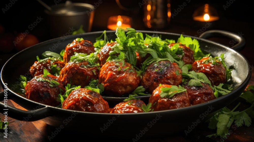 meatballs with melted tomato sauce on a bowl with a black and blur background