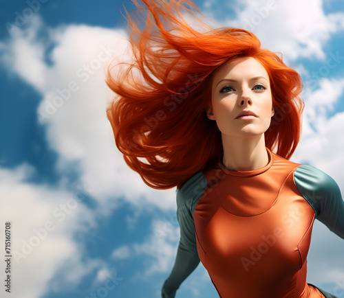 Young woman with red hair in a hero cape flying through air in superhero pose, confident and happy, international women power concept, blue sky, city air view 