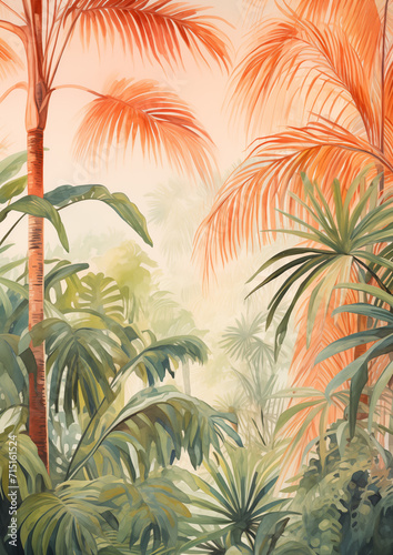 Tropical Foliage with Palm Trees Watercolor Painting